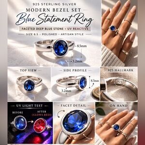 Vintage Artisan Sterling Silver Blue Faceted Ring | Minimalist Thick | Size 6.5